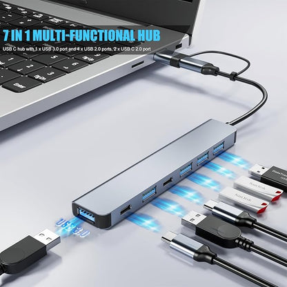 Aluminum 7 in 1 USB C Hub with USB 3.0, 7 Ports with 2* USB-C and 5* USB-A - Image 3