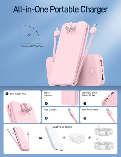 Portable Charger with Built in Cable and AC Wall Plug, USB C Power Bank - Image 2