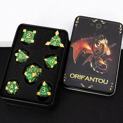 Metal DND Dice Set with Box, Debris RPG Green Golden D and D Dice - Image 6