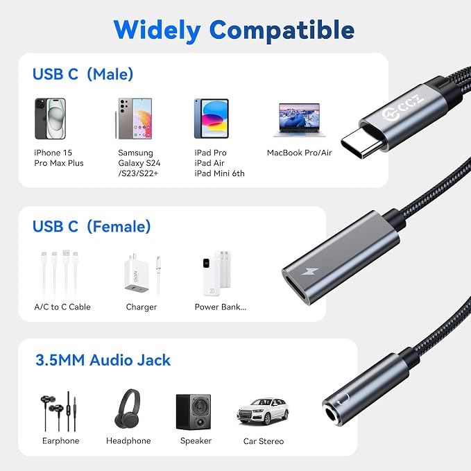 3PCS USB C Splitter for KZ ZS10 PRO, CCZ CA01 USB C to 3.5mm Audio Headphone - Image 5