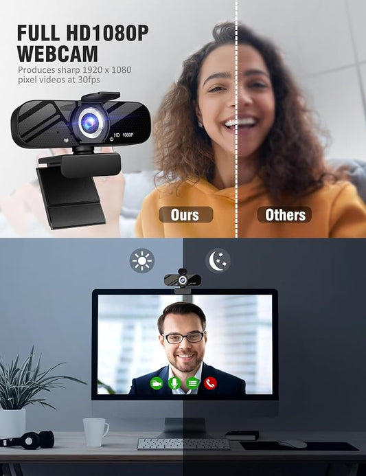 Full HD 1080P Webcam with Microphone, Wide Angle, Rotatable Tripod, Privacy - Image 2