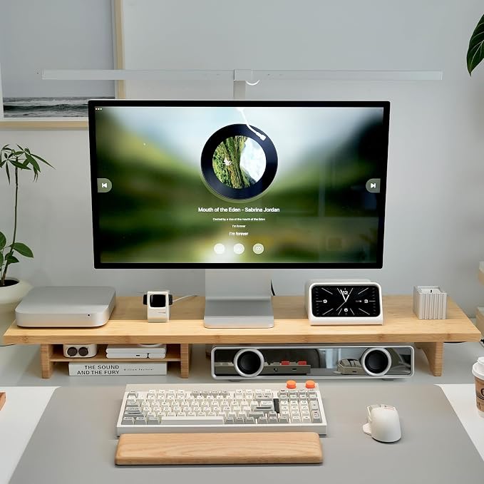 Bamboo Dual Monitor Stand Riser Natural, 2-Tier Desk Monitor Riser by Rocdeer
