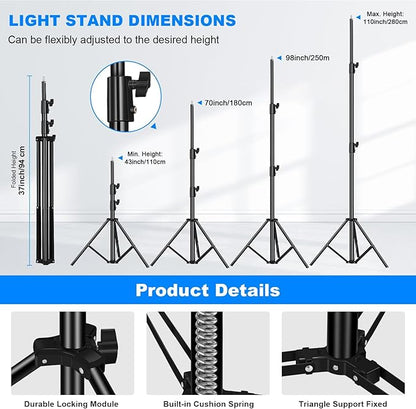 2pack Heavy Duty Light Stand 9.2ft / 110" Aluminum Spring Cushioned Tripod - Image 3