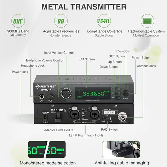 Phenyx Pro UHF Stereo Wireless in Ear Monitor System, Wireless IEM, 900MHz Band - Image 2
