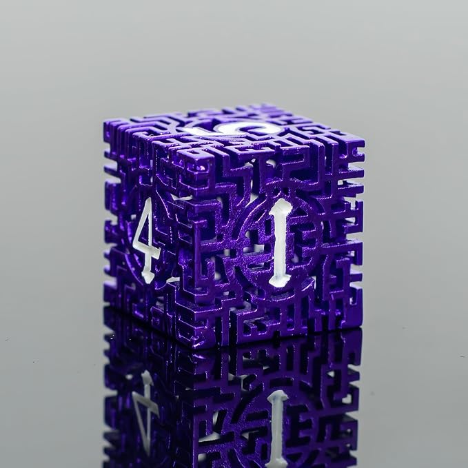 Purple Metal Hollow DND Dice Set Metallic Luster Maze Design - Image 3
