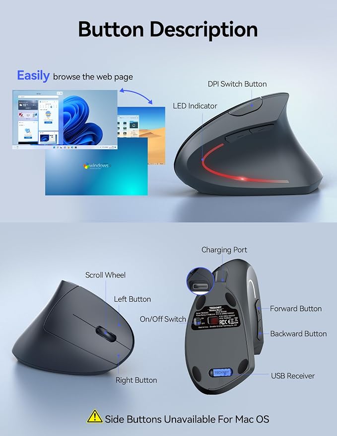 TECKNET Ergonomic Wireless Mouse, Rechargeable Mouse Wireless Silent - Image 7