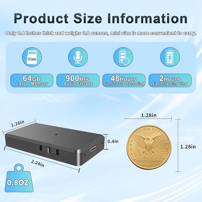 Voice Recorder - 64GB Mini Voice Recorder - Noise Cancellation Voice Activated - Image 3