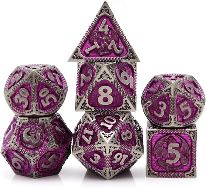 PJOY Metal DND Dice Set with Dice Case Antique Silver Purple Dragon D&D by PJOYDice