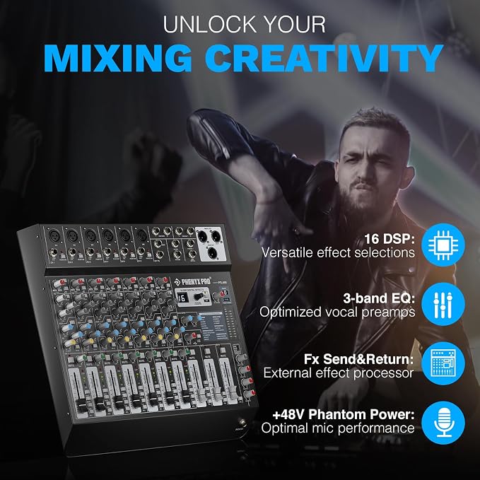 Professional 8-Channel Audio Mixer, Phenyx Pro DJ Sound Mixer Board w/Flexible - Image 4