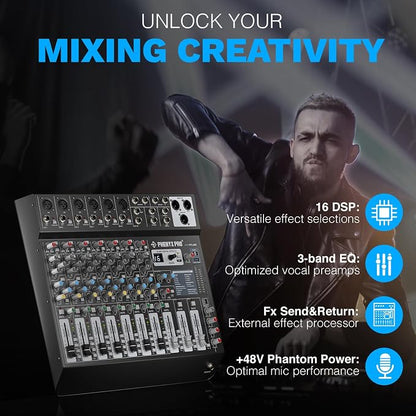 Professional 8-Channel Audio Mixer, Phenyx Pro DJ Sound Mixer Board w/Flexible - Image 4
