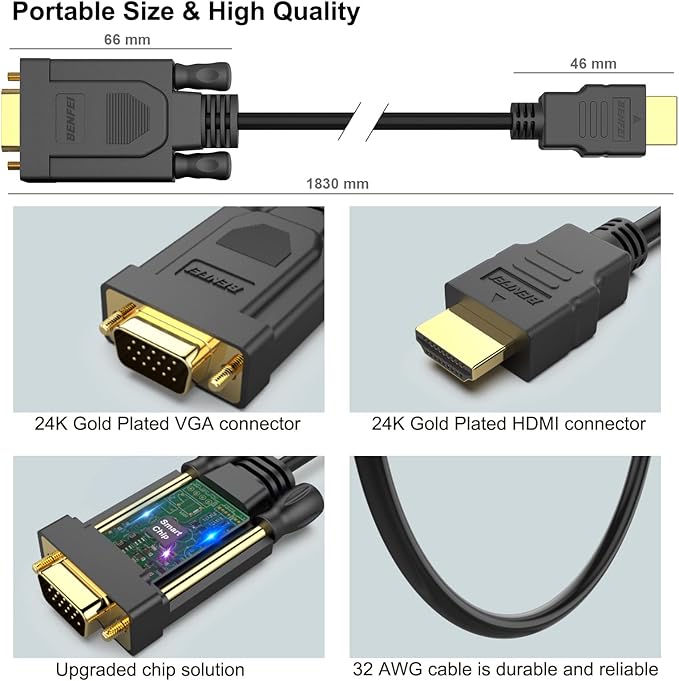 BENFEI 10 Pack HDMI to VGA 6 Feet Cable, Uni-Directional HDMI to VGA Cable - Image 6