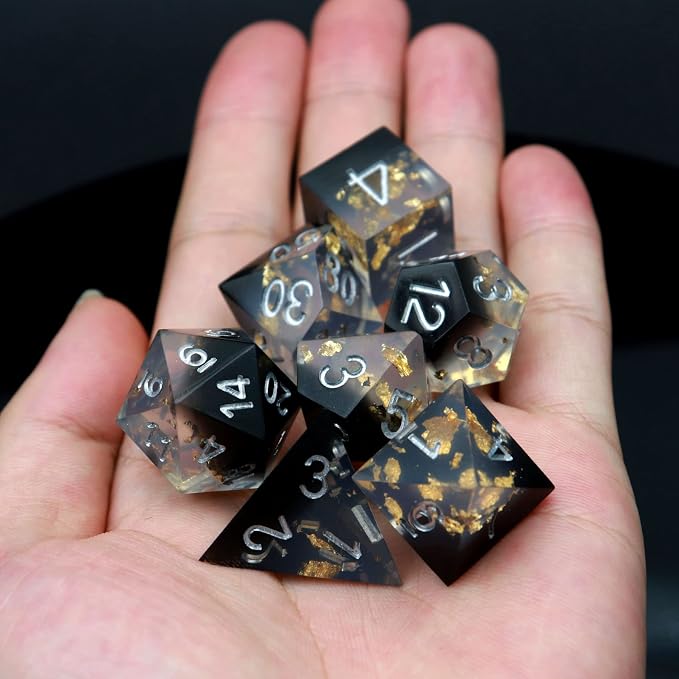 Haxtec DND Dice Set Black Sharp Edge Resin Dice Gold Flakes - Image 7
