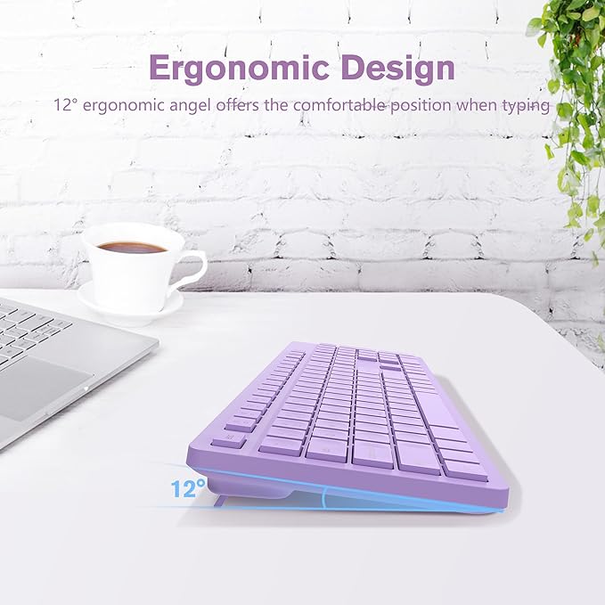 LeadsaiL Purple Wireless Keyboard, 2.4GHz Full-Sized Ergonomic Computer Keyboard - Image 3