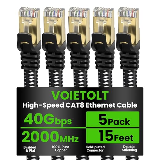 Cat 8 Ethernet Cable Flat 15 FT 5Pack, High Speed 40Gbps 2000Mhz Braided by EthernetCable