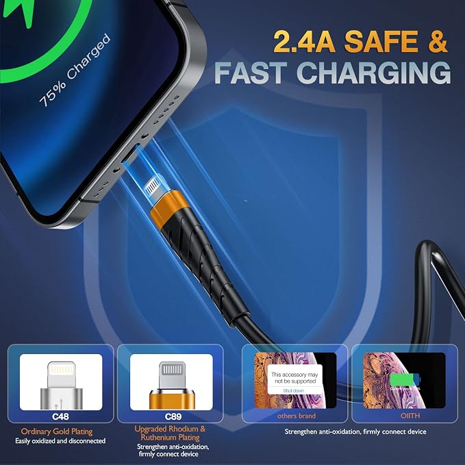OIITH Apple MFi Certified iPhone Charger Cable 3 Pack 6 Ft, Long Lightning - Image 3