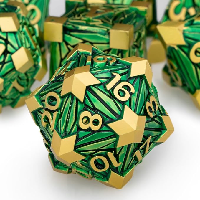 Metal DND Dice Set with Box, Debris RPG Green Golden D and D Dice by ORIFANTOU