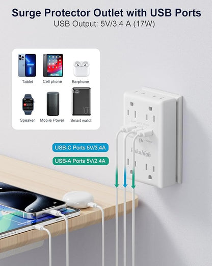 Wall Outlet Extender with Screw, 8 Way Outlets with 1680J Surge Protected - Image 3