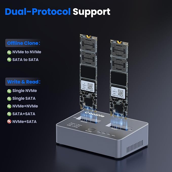 M.2 NVME/SATA Duplicator, Coolpie CR121 Dual-Bay Offline Clone M.2 NVME/SATA - Image 3