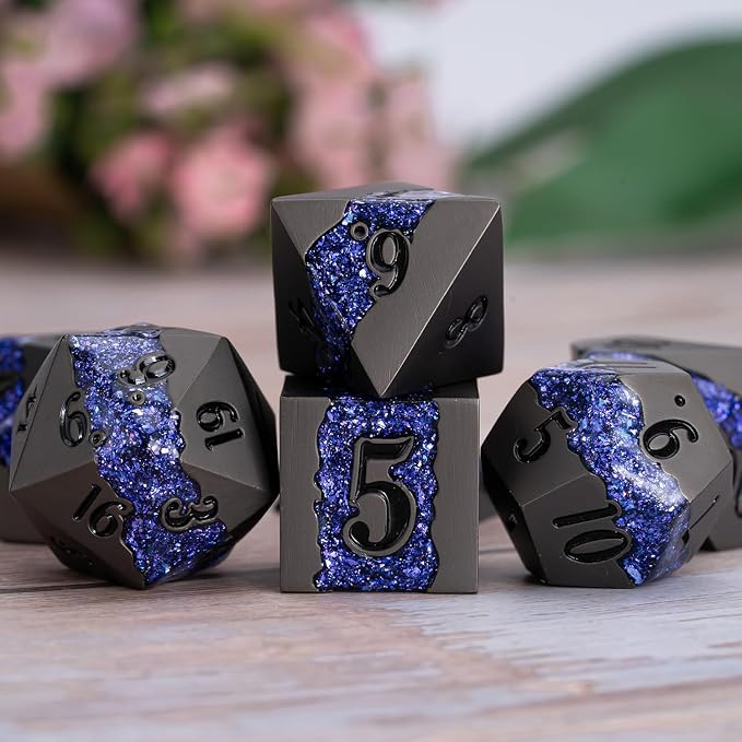 Metal DND Polyhedral Dice, Large Stripe Glitter Metallic Dice Set, Antique - Image 3