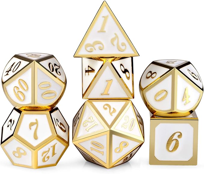 DnDnD White with Gold Number DND Dice Sets, Solid Metal Die with Free Gorgeous by DNDND