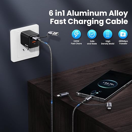 240W Multi Charging Cable, 6.6ft 6-in-1 USB C Cable Fast Charging Cords - Image 2