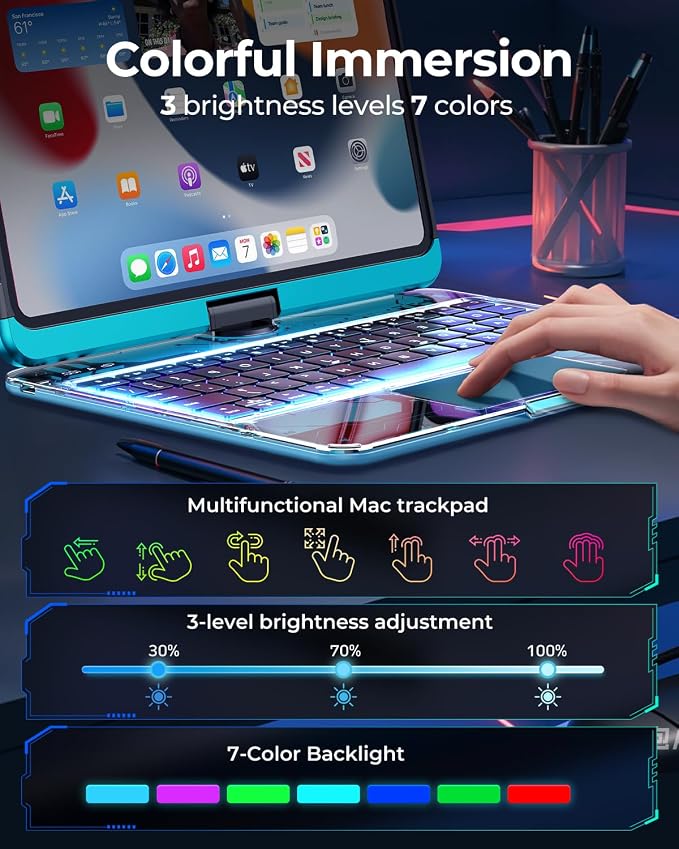 SIBEITU Keyboard Case for iPad Pro 11 Inch M5 2025 / M4 2024, 7-Color Backlight - Image 3