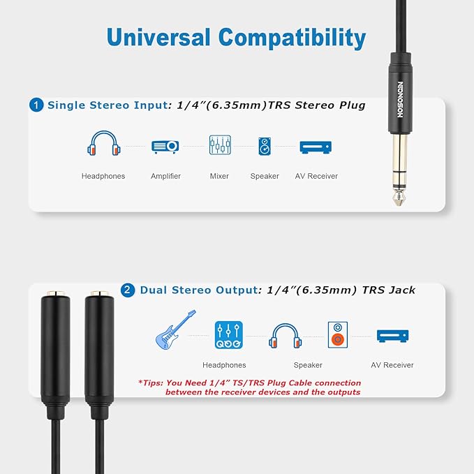 HOSONGIN 1/4" Splitter Cable, TRS to Dual 1/4" TRS Stereo Y Adapter, - Image 4