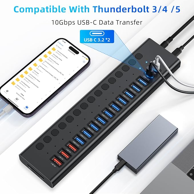 Powered USB Hub 10Gbps, 17 Ports 96W USB 3.2 Hub, 12V/8A Power Adapter - Image 5