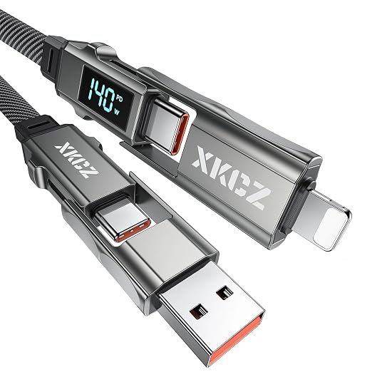4 in 1 USB C Cable with Wattage Display, 140W Flat Nylon Braided Multi Charge by XKCZ