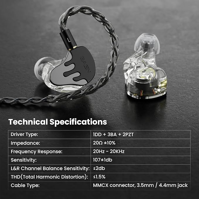 BASN BmasterX in Ear Audio Monitor, Hybrid 6 Drivers IEM Earphones - Image 4