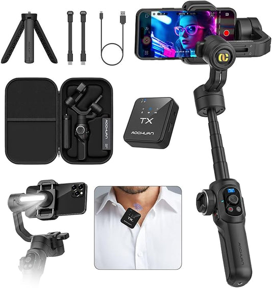 S2 Mic Smartphone Gimbal Stabilizer w/Wireless Lavalier Microphone, Built-in by AOCHUAN
