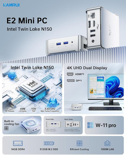 KAMRUI Essenx E2 Mini PC 11 Pro Twin Lake N150 Mini Computer, 16GB RAM 512GB - Image 2