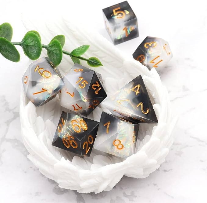 Haxtec Sharp Edge Dice Set DND Dice Black and White Resin Dice Iridecent Mylar - Image 2