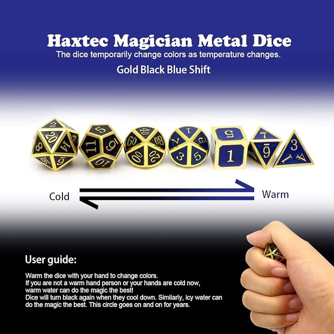 Haxtec Temperature Color Chaning Metal DND Dice Set Gold Blue Polyhedral D&D - Image 2
