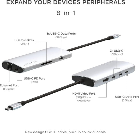 Satechi 8 in 1 USB C Hub Multiport Adapter V3, 8K HDMI, 100W Charging, 4 USB - Image 2