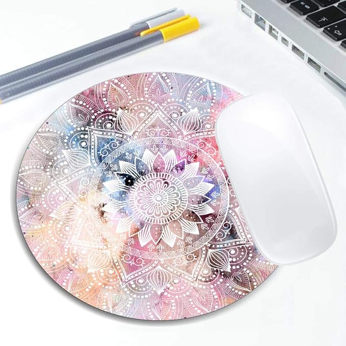White Watercolor Mandala Mouse Pad Round Non-Slip Rubber Mousepad Laptop Office - Image 5