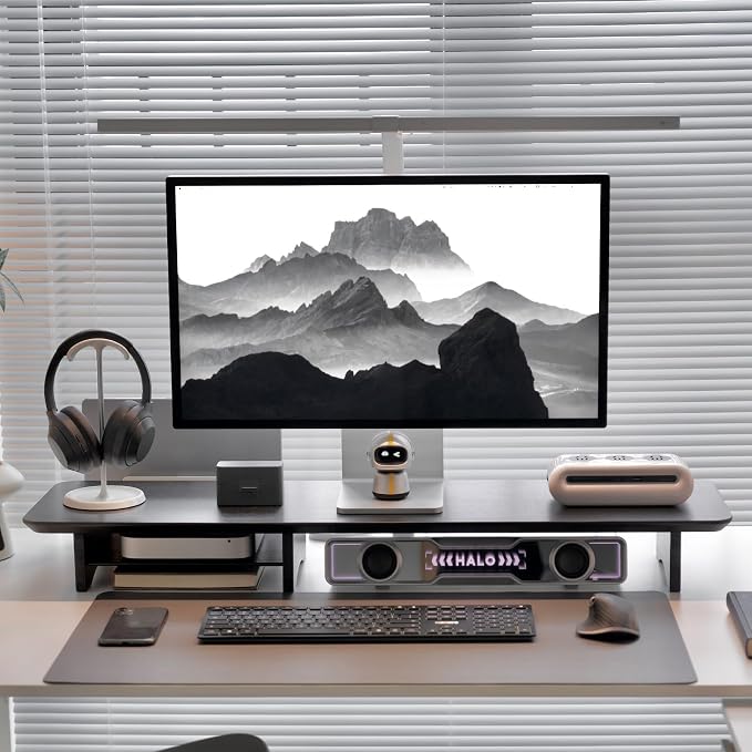 Bamboo Dual Monitor Stand Riser Black, 2-Tier Desk Monitor Riser - Image 2