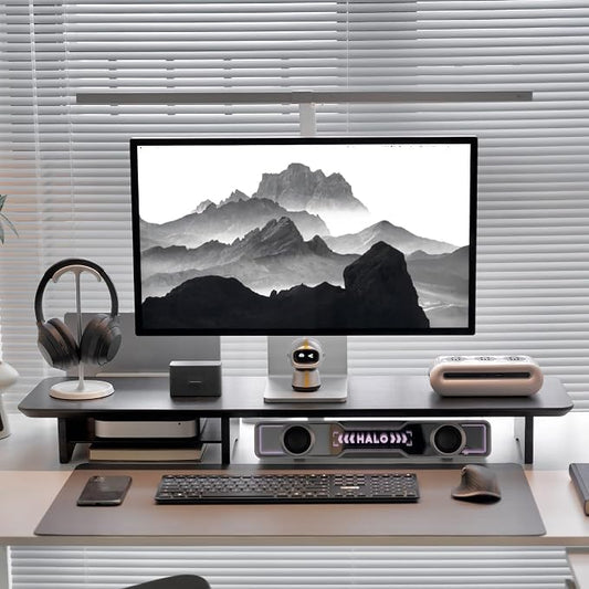 Bamboo Dual Monitor Stand Riser Black, 2-Tier Desk Monitor Riser - Image 2