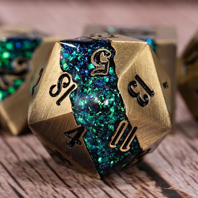 Metal RPG Dice Set, Mica Glitter Stripe Dice DND, Antique Bronze Dice 7pcs Set - Image 2