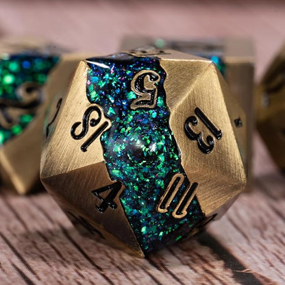 Metal RPG Dice Set, Mica Glitter Stripe Dice DND, Antique Bronze Dice 7pcs Set - Image 2
