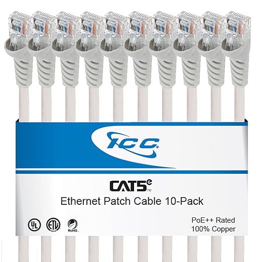 ICC CAT5e Ethernet Patch Cord 25 FT 10-Pack, UTP 24 AWG UL Listed, 100% by ICC