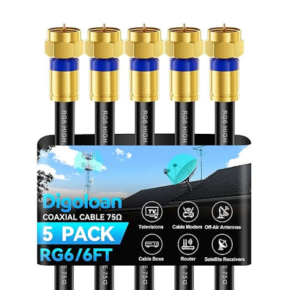 Coaxial Cable 6ft 5 Pack, RG6 Coax Cable Cord Extender by Unknown