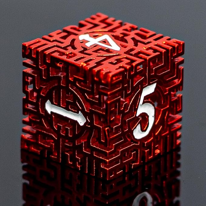 Red Metal Hollow DND Dice Set Metallic Luster Maze Design - Image 3