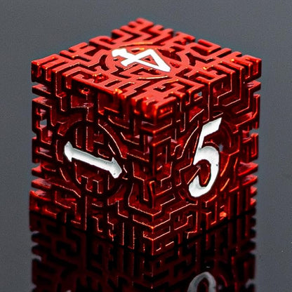 Red Metal Hollow DND Dice Set Metallic Luster Maze Design - Image 3
