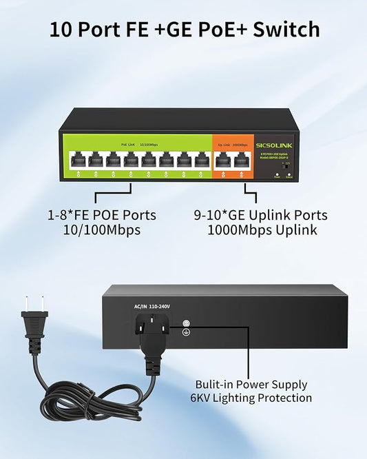 POE Switch with 2 gigabit Uplink, 8 Ports 100Mbps PoE+ Switch, IEEE802.3af/at - Image 2