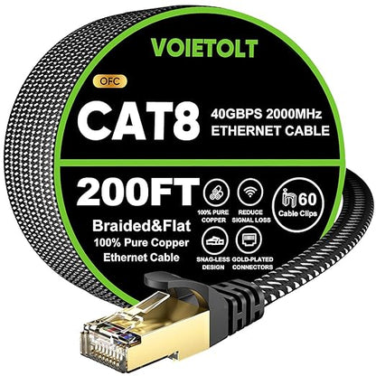 Cat 8 Ethernet Cable 200 FT Flat, High Speed 40Gbps 2000Mhz Braided Internet by EthernetCable