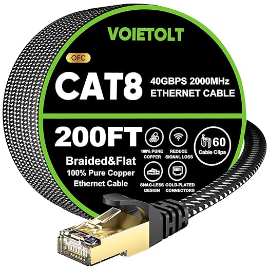 Cat 8 Ethernet Cable 200 FT Flat, High Speed 40Gbps 2000Mhz Braided Internet by EthernetCable