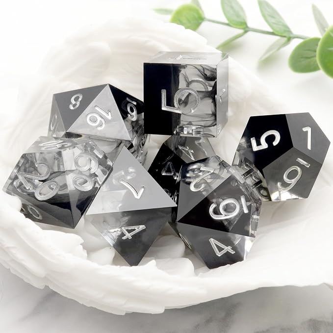 Haxtec Sharp Edge DND Dice Set Black Swirls Resin Dice - Image 5