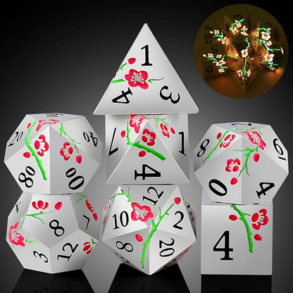 Metal DND Dice, DNDND 7 PCS Glow in The Dark Metallic D&D Dice Set by DNDND