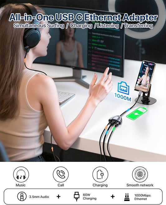 USB C Hub Multiport Adapter, 4 in 1 USB C Spliter to 3.5mm Audio, 1Gbps RJ45 - Image 2